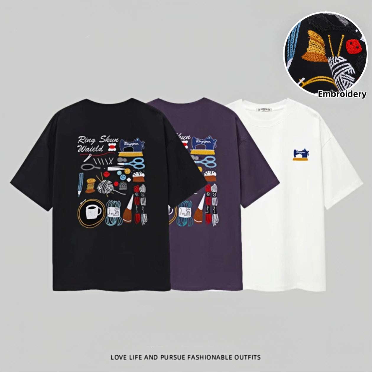 New Arrivals Summer Unisex Loose Short Sleeve:1.3 million - stitch high-quality Heavyweight Pure Cotton Embroidered Fashion T-Shirt