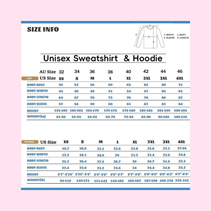 unisex sweatshirt & hoodie size info