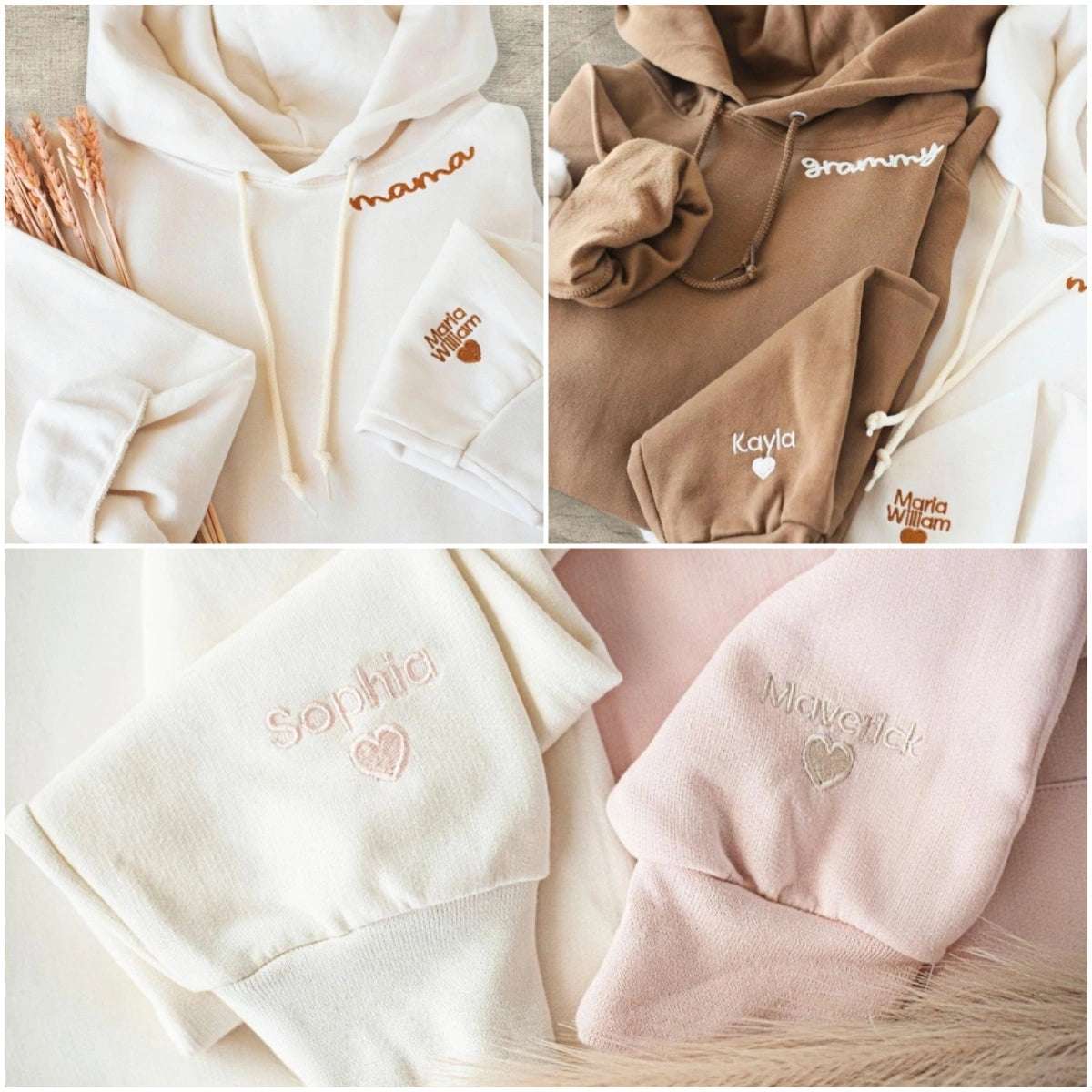 Custom Hoodie with Collar & Sleeve Embroidery | Embroidered Mom, Mama & Grandma Hoodie with Kids' Names
