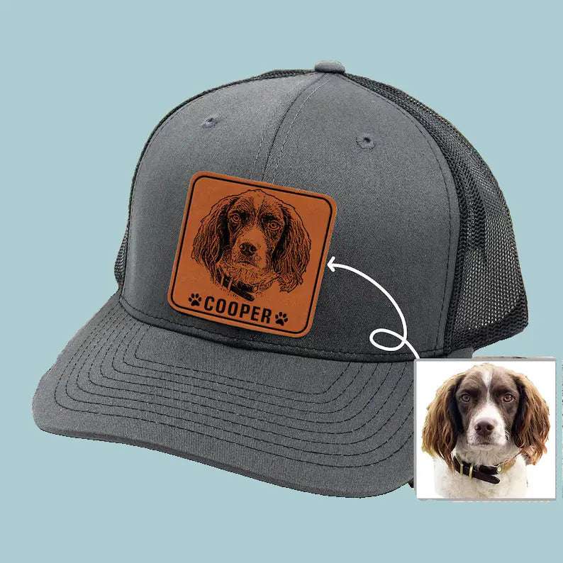 Personalized Trucker Hat with Dog Photo Engraving | Leather Patch Custom Cap | Father's Day Gift for Dog Dads