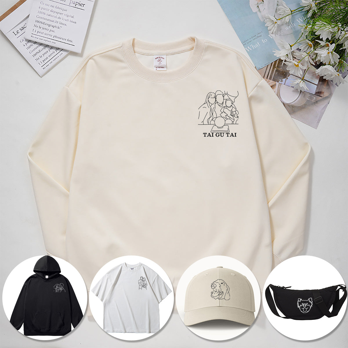 Custom Photo Sketch Embroidered Sweatshirt, Couple Gifts - Tiuous