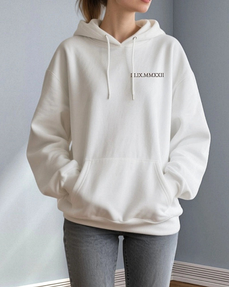 Couple's Anniversary Hoodie with Initials & Wedding Date - Roman Numeral Embroidered Gift