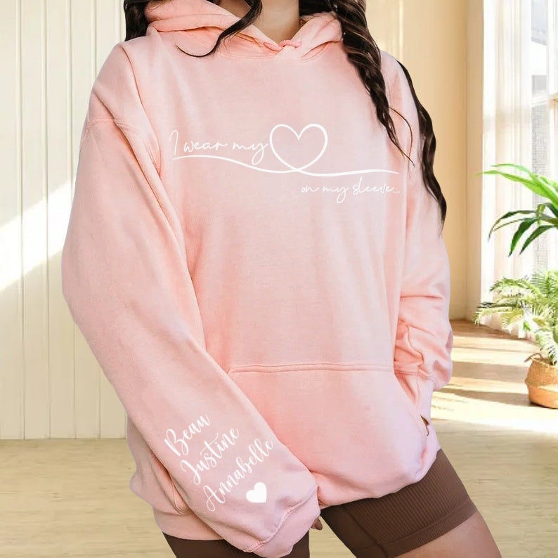 Personalized Mom Hoodie with Kids' Names, "I Wear My Heart On My Sleeve" Embroidered Design, Mama Custom Sweatshirt, Mother's Day Gift from Children, Unique Personal Gift for Mom