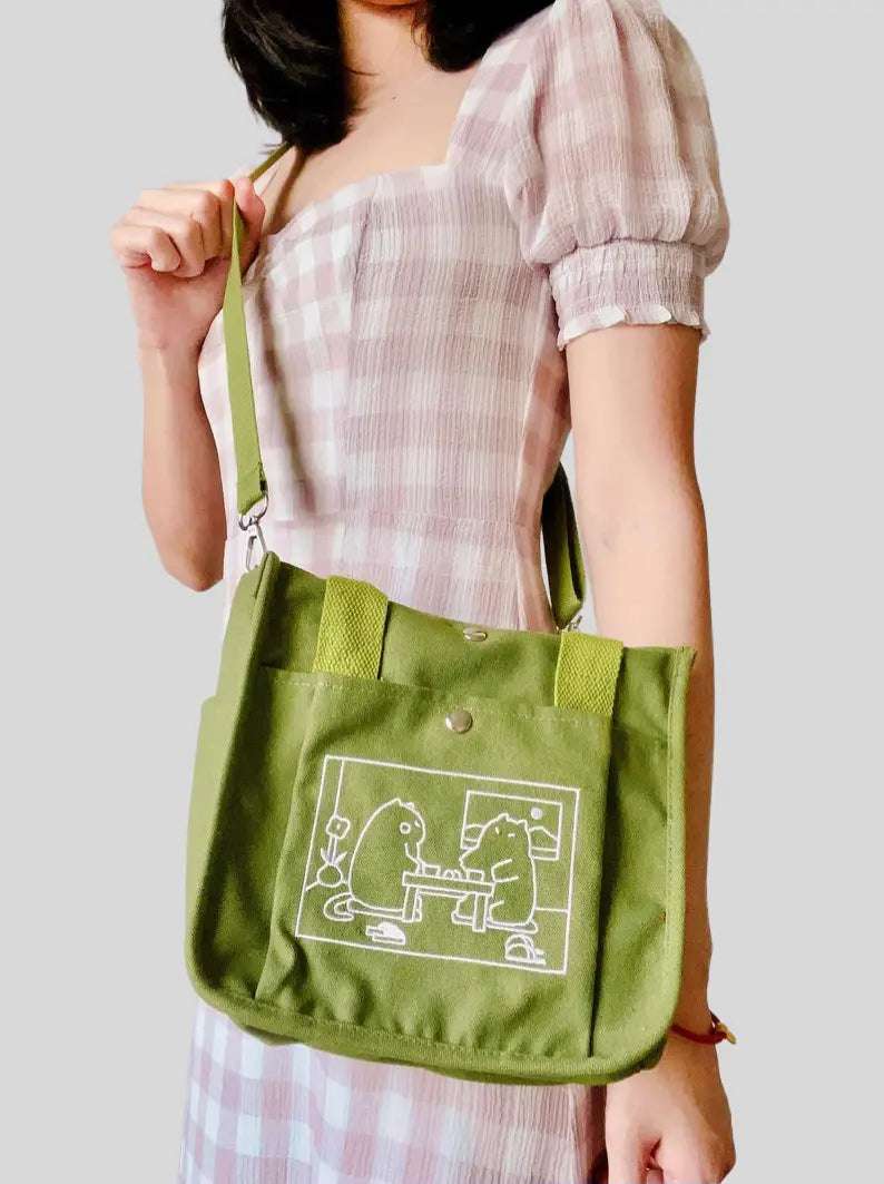 Matcha Canvas Tote Bag with Embroidered Cute Cat Design | Versatile as Lunch Bag, Art Supplies Carrier & Kawaii School Tote for Everyday Use