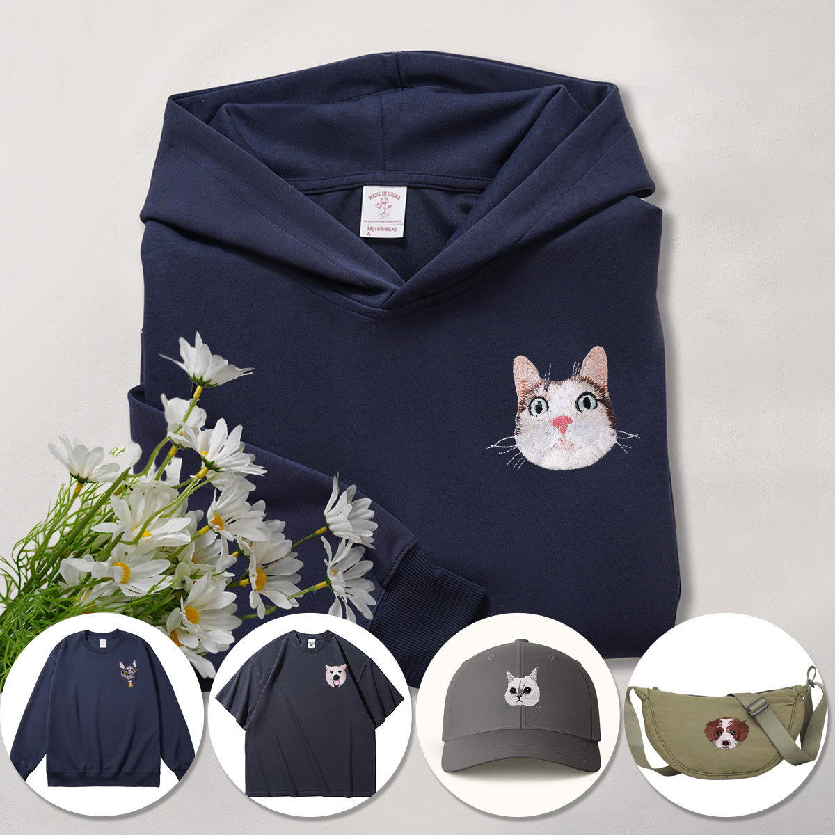 Custom Pet Embroidered Sweatshirts, Hoodies, T-Shirts, Hats & Bags - Personalized Pet Portrait Embroidery