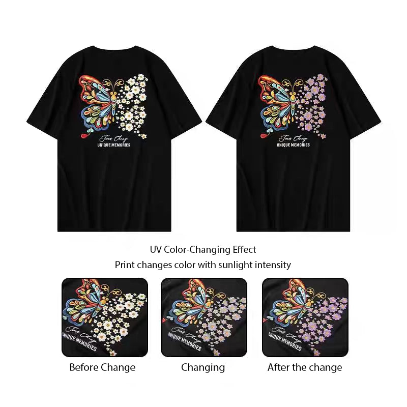 New Arrivals Summer UV-Chromic Butterfly Print Heavyweight Cotton Loose Crew Neck Couple Tee
