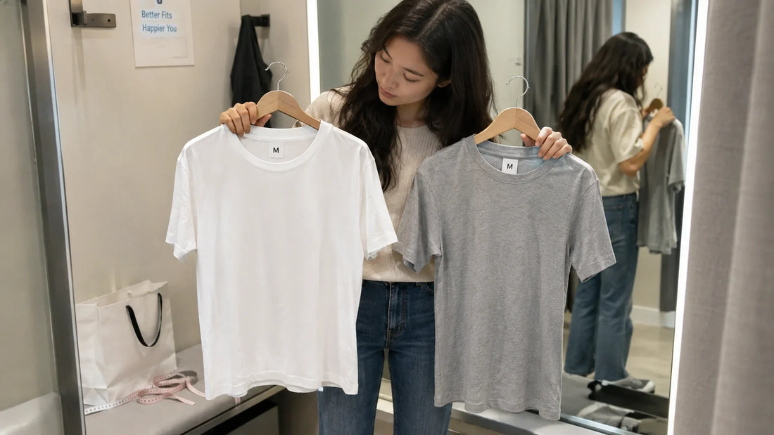 Woman comparing two medium T-shirts in a fitting room.