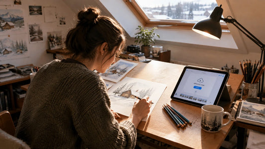 Illustrator sketching snowy cabin design in attic studio.