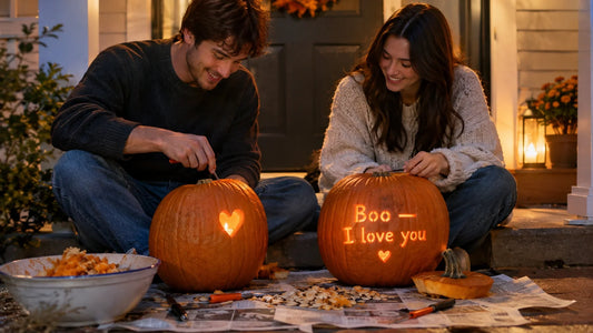 Couple carving “Boo — I love you” and heart into pumpkins on porch.