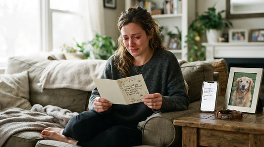Woman reading pet sympathy card on sofa with dog collar nearby.