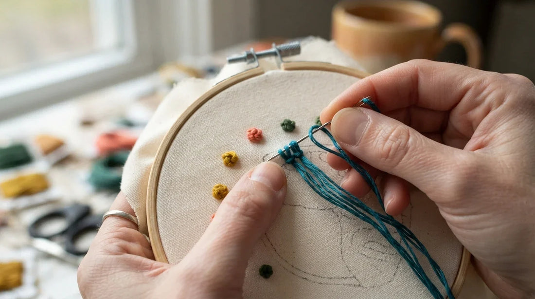 Hands making a two-wrap French knot in a wooden hoop.