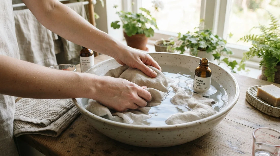 Hand washing linen in cool water with mild detergent.