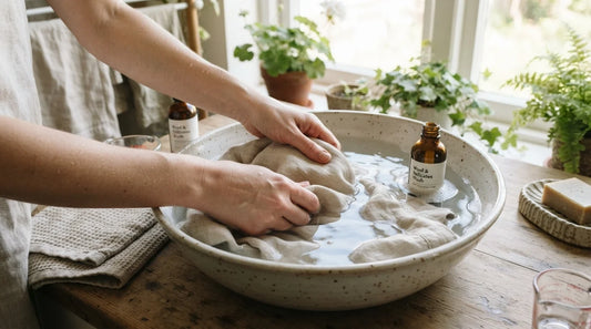Hand washing linen in cool water with mild detergent.