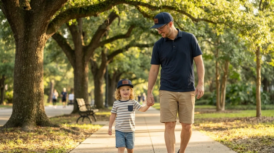Father and son in matching navy caps.