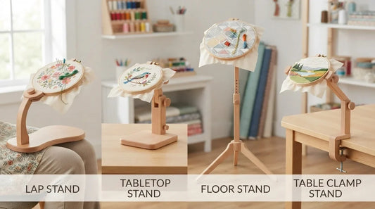 Four embroidery hoop stand types side by side – lap stand, tabletop stand, floor stand, table clamp stand – labeled.