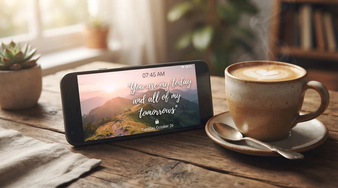 Love quote on smartphone lock screen with coffee.