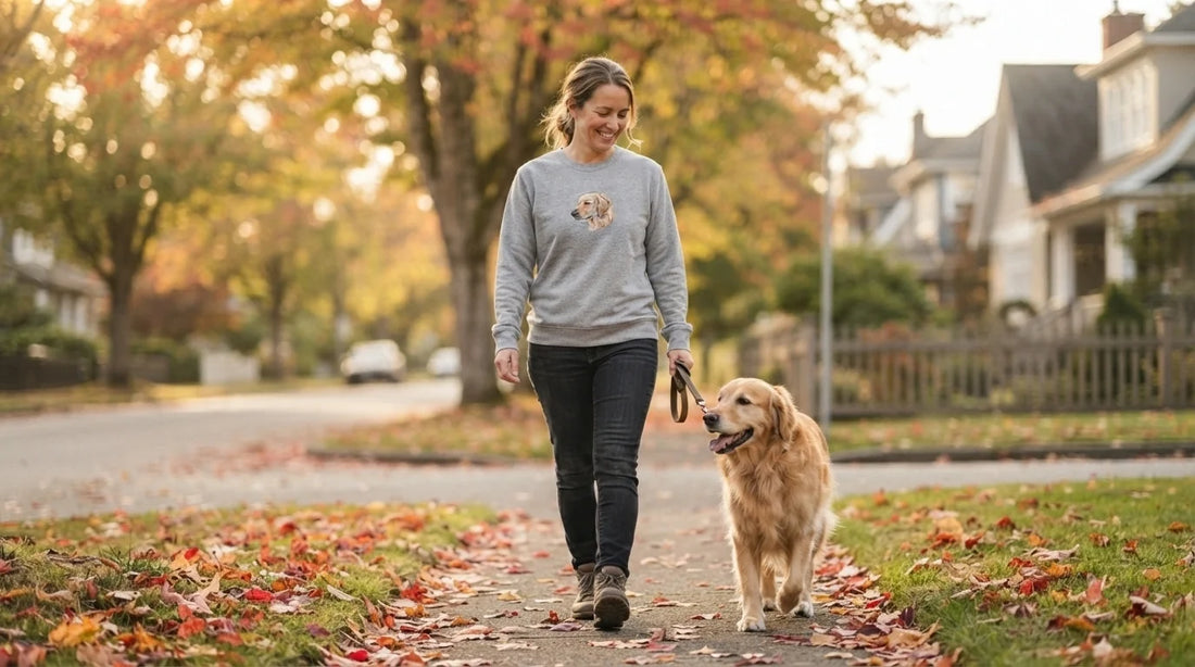 Dog mom wearing custom pet sweatshirt on a walk.