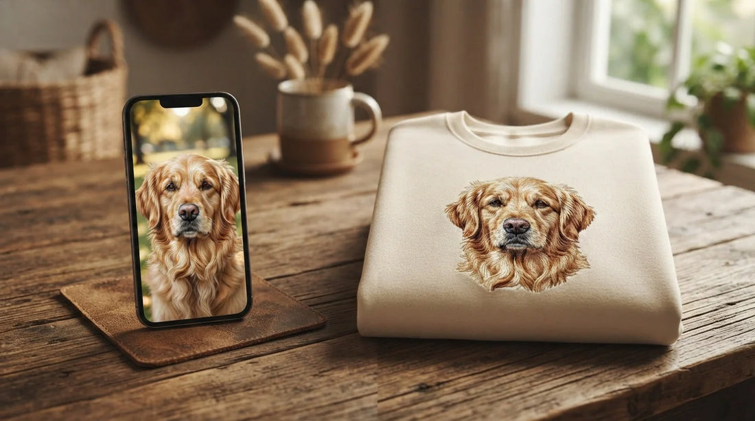 Dog photo on phone next to embroidered pet portrait sweatshirt side-by-side.