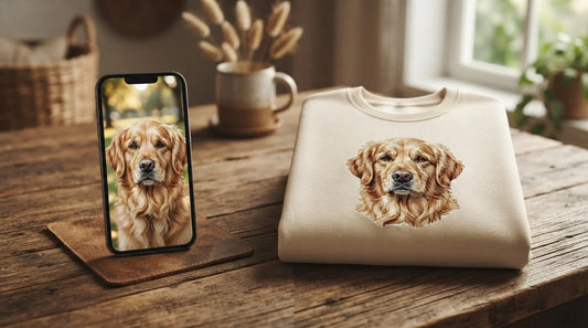 Dog photo on phone next to embroidered pet portrait sweatshirt side-by-side.