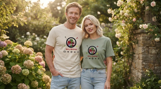 Couple in matching sage and oatmeal tees.
