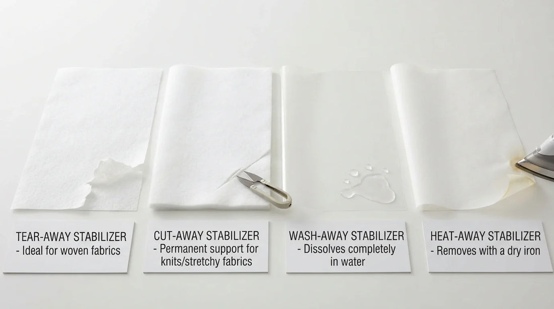 Four embroidery stabilizer types: tear-away, cut-away, wash-away, heat-away.