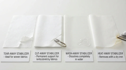 Four embroidery stabilizer types: tear-away, cut-away, wash-away, heat-away.