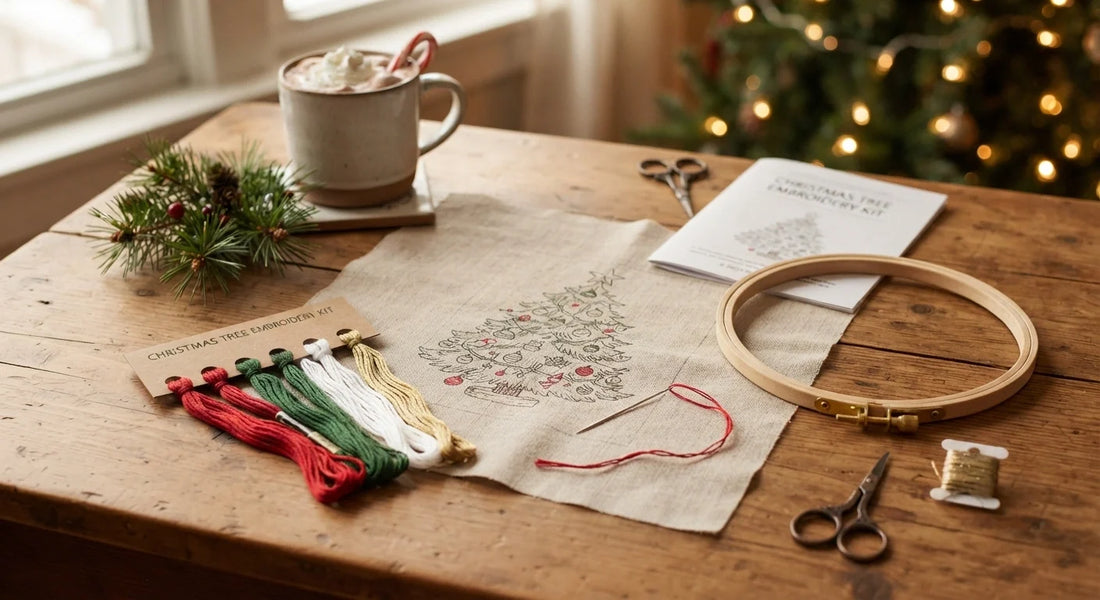 Open Christmas embroidery kit with pre-printed tree design.