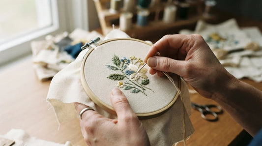 Hands stitching stable cotton in embroidery hoop.