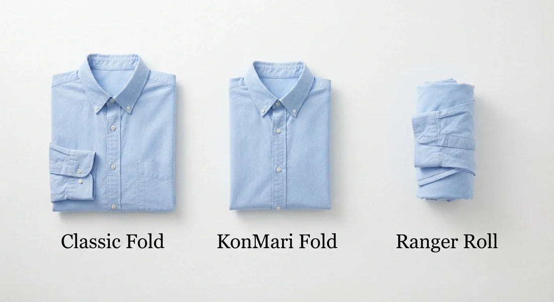 Three shirt folding methods: Classic, KonMari, Ranger Roll.