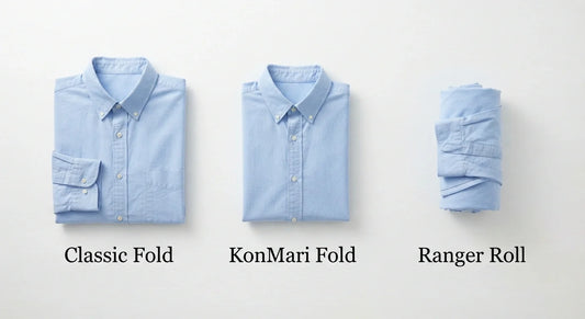 Three shirt folding methods: Classic, KonMari, Ranger Roll.