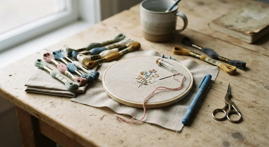 Embroidery tools: needle, floss, linen, hoop, pen on wood.