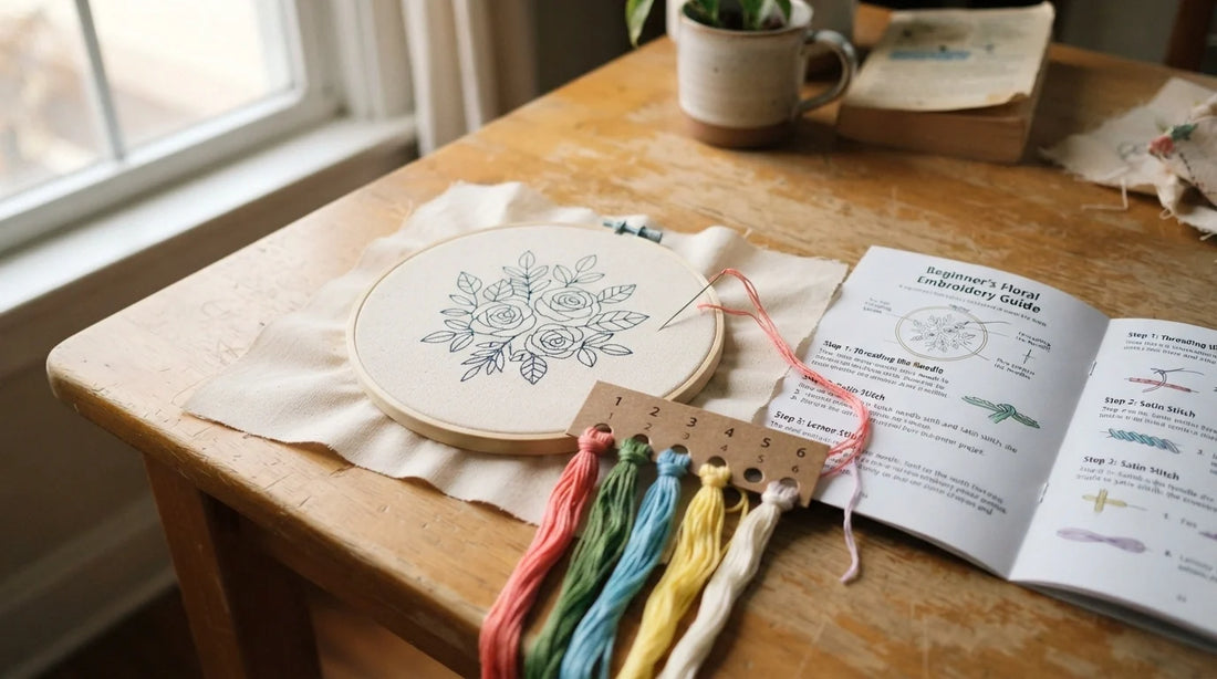 Open beginner embroidery kit with pre-printed fabric and hoop.