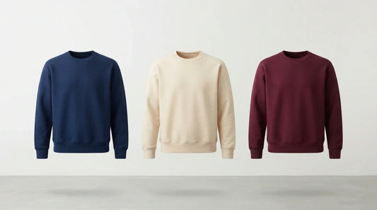 Three crew neck sweatshirts in classic solid colors.