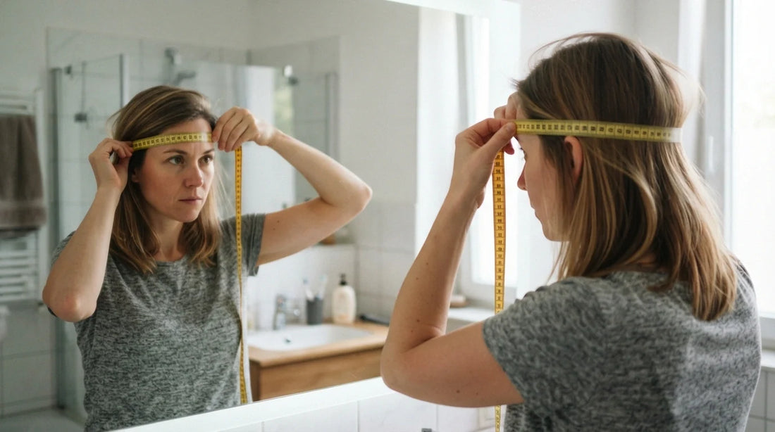 Person measuring head with tailor’s tape in mirror.