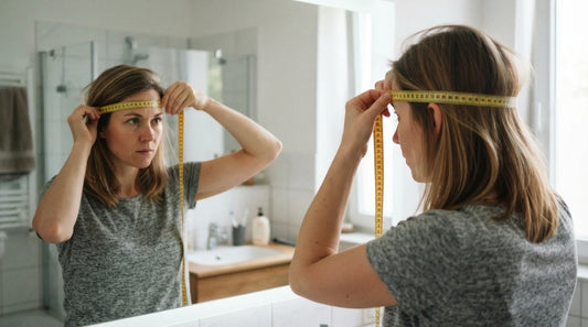 Person measuring head with tailor’s tape in mirror.