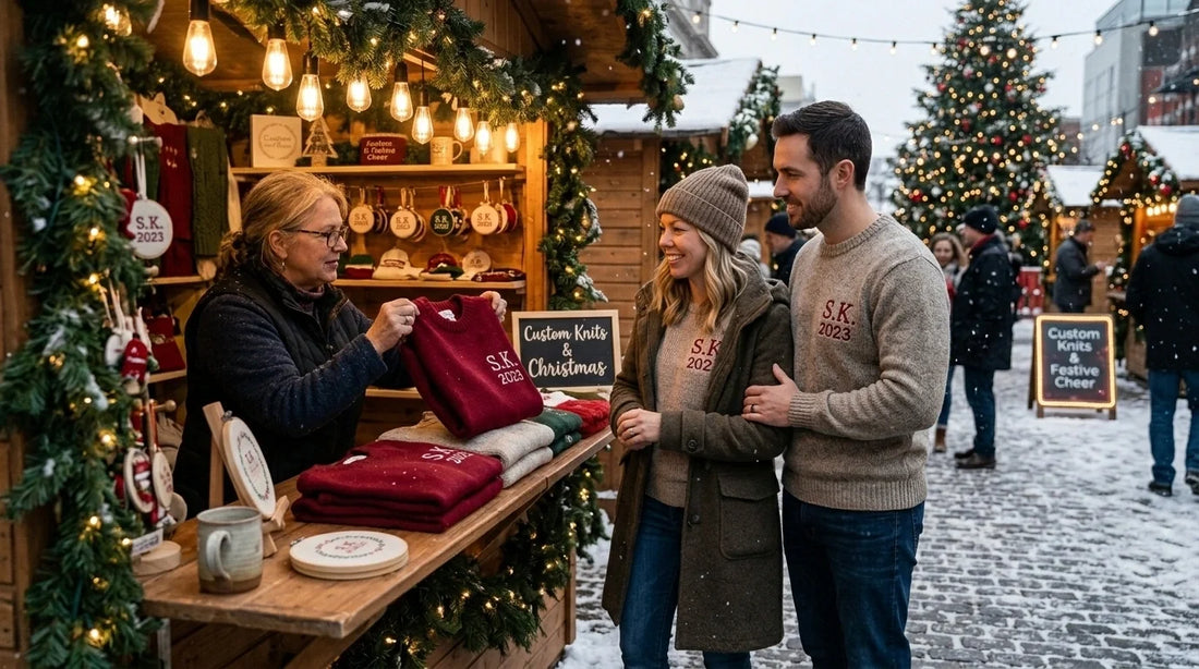 Couple in custom embroidered sweaters at Christmas market stall.
