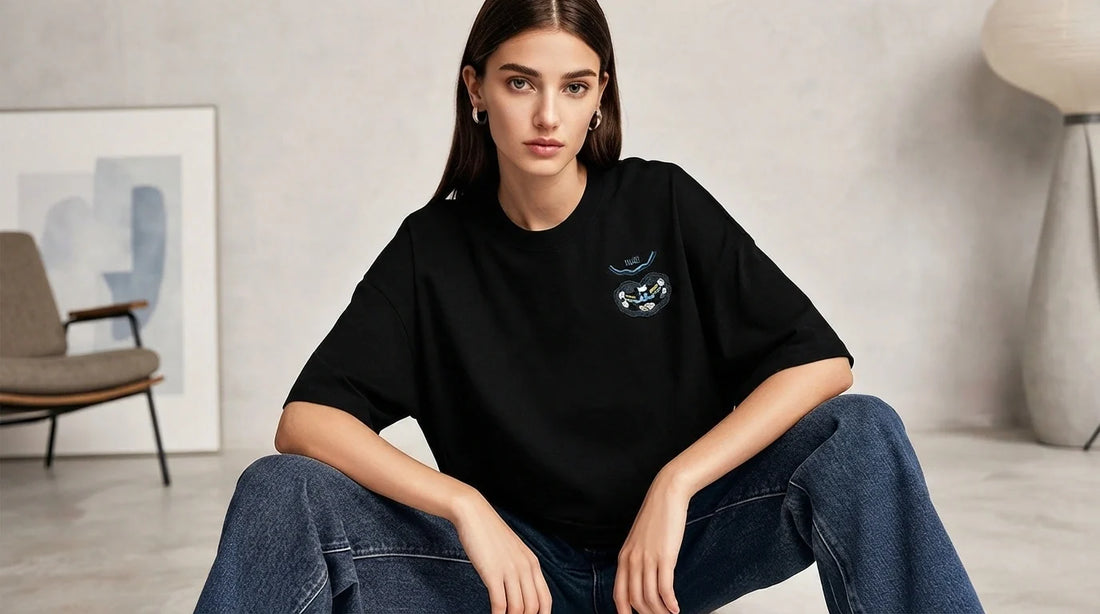 Close-up of auspicious cloud embroidery on heavyweight cotton tee