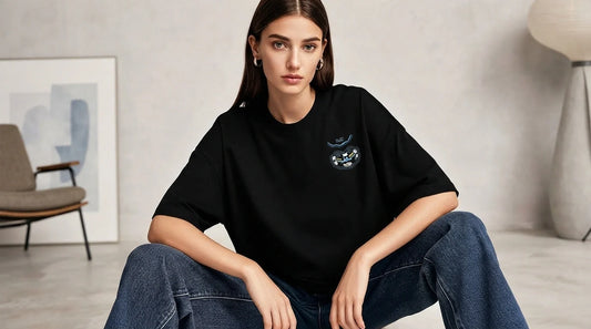 Close-up of auspicious cloud embroidery on heavyweight cotton tee