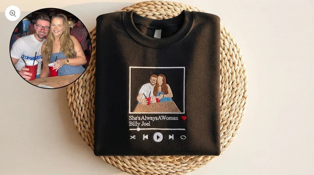 Custom embroidered couple sweatshirt with photo and song.