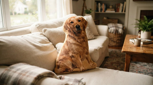 Custom pet-shaped pillow on cozy sofa.