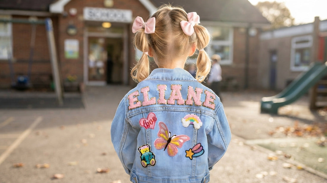 Close-up of white name embroidery on 100% cotton denim jacket.
