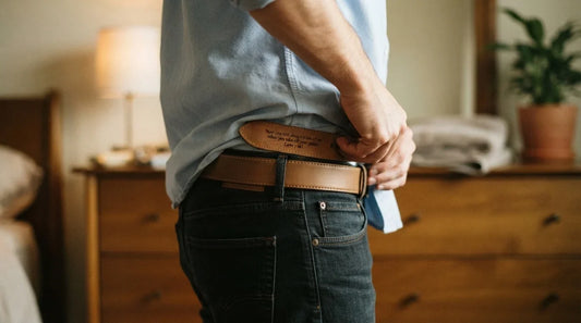 Man wearing custom leather belt with hidden inner engraving.