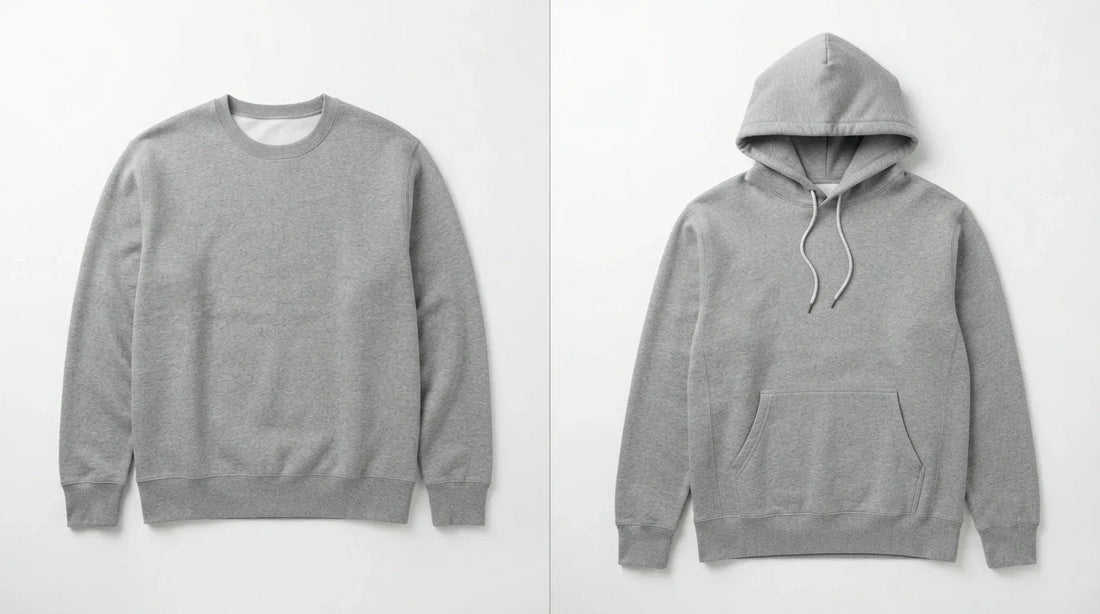 Sweatshirt and hoodie side by side design comparison.