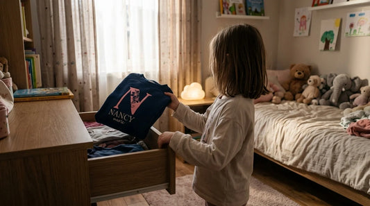 Child pulling personalized sweatshirt from dresser drawer in bedroom.