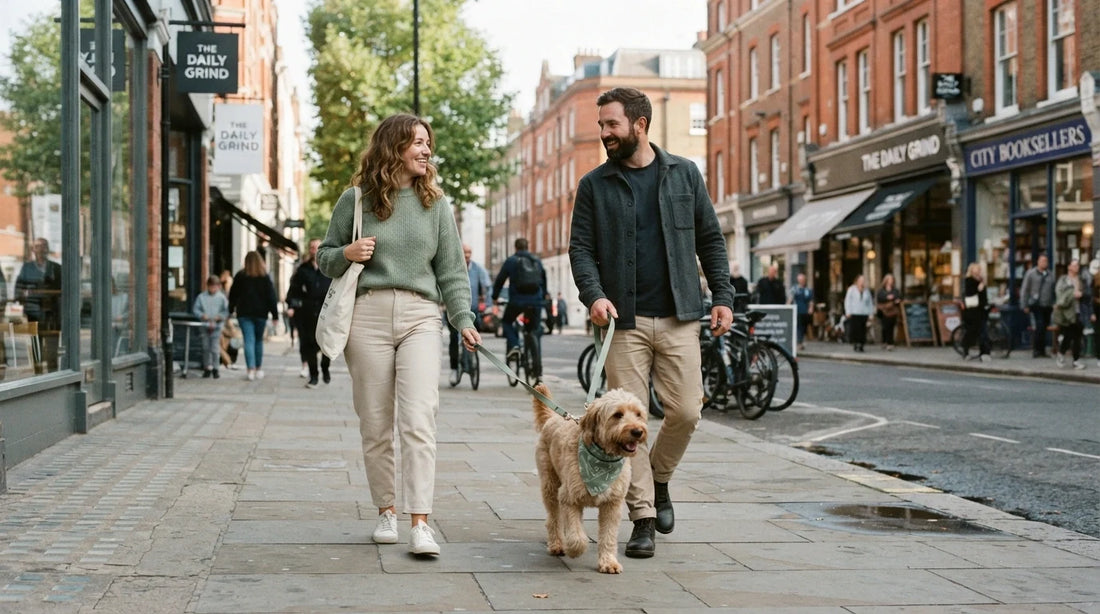 Couple and dog in neutral matching outfits on a walk.