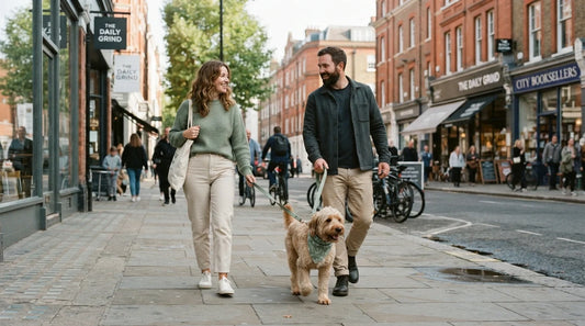 Couple and dog in neutral matching outfits on a walk.