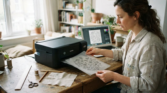 Person printing stick and stitch embroidery paper at home desk.