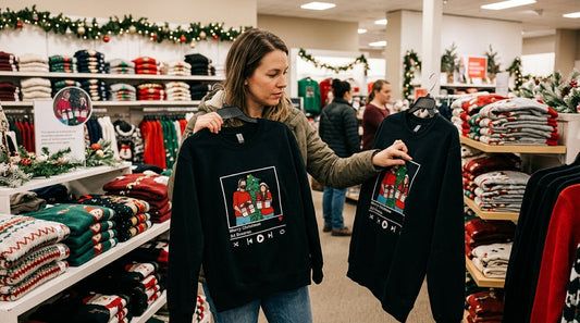 Woman comparing embroidered and printed Christmas sweaters in store.