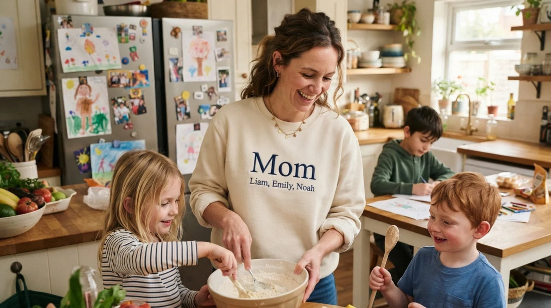 Mom wearing sweatshirt embroidered with kids’ names.