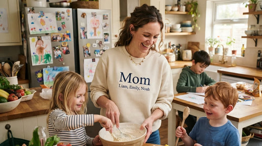 Mom wearing sweatshirt embroidered with kids’ names.